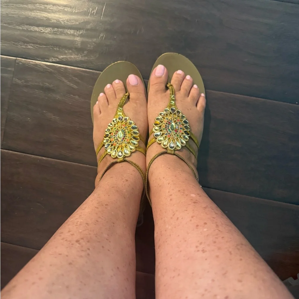 Embellished Gold T-Strap Women's Sandals